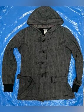 🌦️🧥🌦️SPLIT Black & White Hooded Toggle Pea Coat with enclosed zip front closure